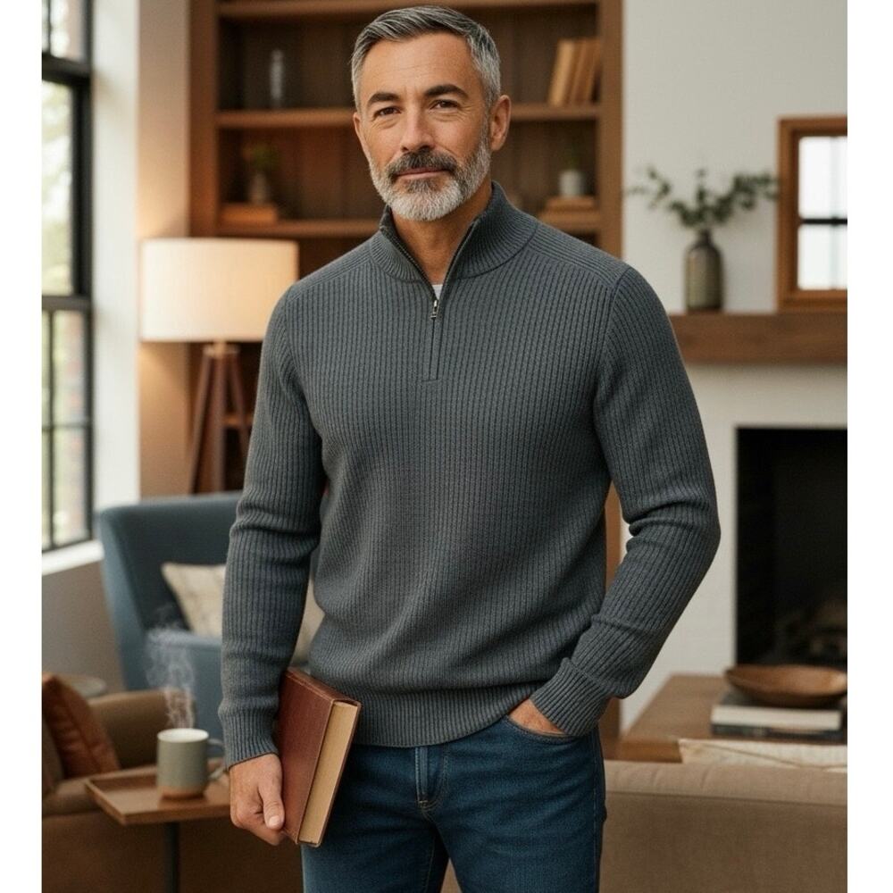 Pact Men’s Organic Cotton Pullover Gray Mock Neck 1/4 Zip Sweater Chunky NWT M L